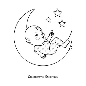 Image à colorier d'un bébé allongé sur la Lune qui regarde les étoiles