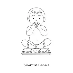 Image à colorier d'un bébé assis qui mange avec les mains