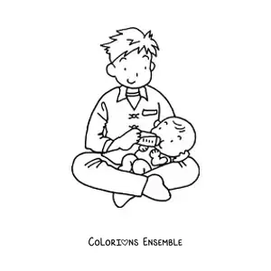 Image à colorier d'un papa qui donne le biberon à un bébé