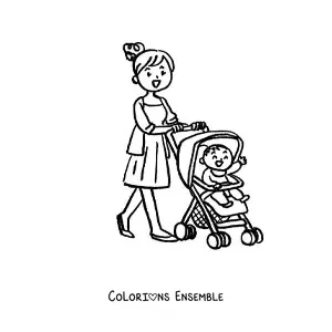 Image à colorier d'une maman qui promène son bébé en poussette