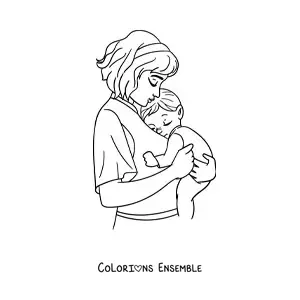 Image à colorier d'une maman qui porte son bébé