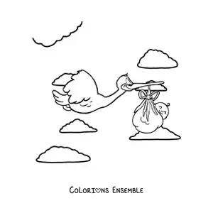 Image à colorier d'une cigogne qui vole en portant un bébé nouveau-né