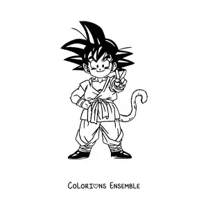 Coloriage de Goku enfant qui prend la pose en souriant
