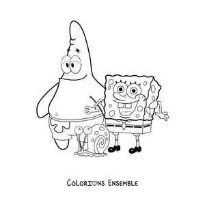 Coloriage de Bob l’éponge tout content aux côtés de Patrick et Gary