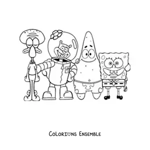 Coloriage de Bob l’éponge qui prend la pose avec ses amis