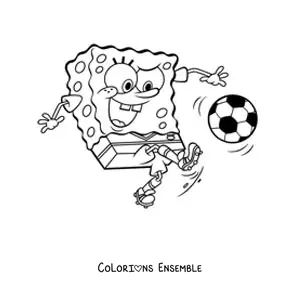 Coloriage de Bob l’éponge qui joue au football en tapant dans un ballon