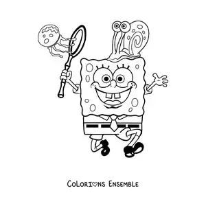 Coloriage de Bob l’éponge qui chasse les méduses avec Gary sur la tête