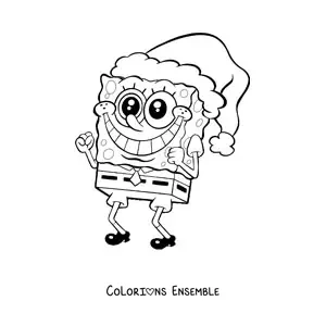Coloriage de Bob l’éponge tout souriant avec un bonnet de Noël