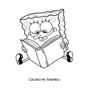 Coloriage de Bob l’éponge assis en train de lire un livre