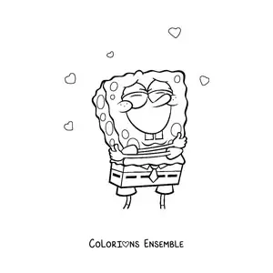 Coloriage de Bob l’éponge qui se fait un câlin, entouré de cœurs
