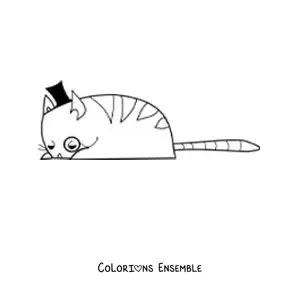 Image à colorier d’un chat élégant allongé portant un chapeau et un monocle