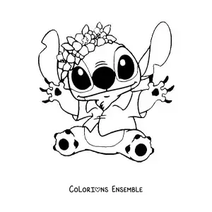 Coloriage de Stitch assis qui fait coucou, des fleurs sur la tête