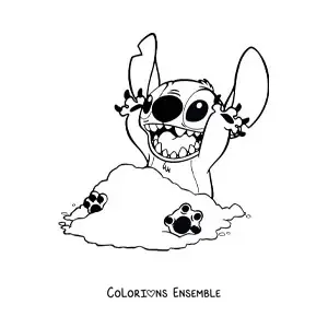 Coloriage de Stitch assis qui joue dans le sable, tout content