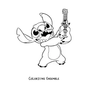 Coloriage de Stitch tout content tenant un ukulélé