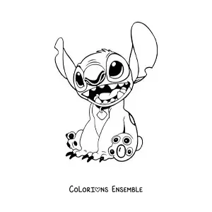 Coloriage de Stitch assis et souriant, portant un collier d’animal