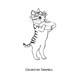 Image à colorier d’un chat avec une couronne de fleurs portant des alliances de mariage sur un coussin