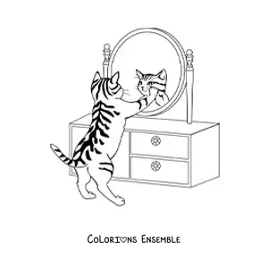 Image à colorier d’un chat se regardant dans le miroir d’une coiffeuse