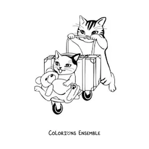 Image à colorier d’un chat poussant un chariot à bagages avec une valise, un autre chat et un ours en peluche
