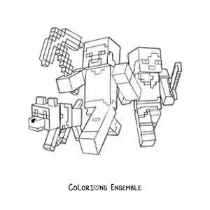 Coloriage d’Alex et Steve de Minecraft marchant aux côtés d’un chien