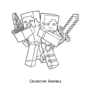 Coloriage d’Alex et Steve de Minecraft combattant ensemble