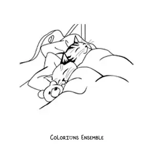Image à colorier de deux chats endormis sur un lit près d’un ours en peluche