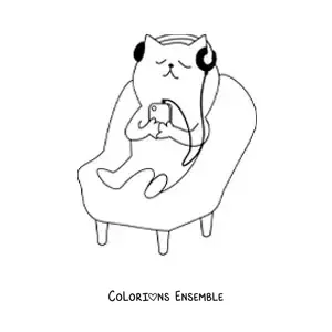Image à colorier d’un chat assis écoutant de la musique avec un casque