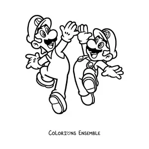 Coloriage des frères Mario et Luigi sautant en se tapant dans la main