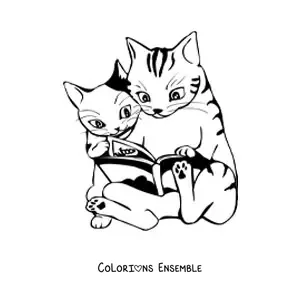 Image à colorier de deux chats assis lisant un livre