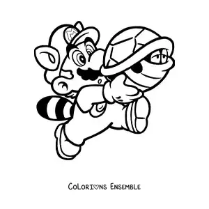 Image à colorier de Mario raton laveur de Mario Bros avec une carapace