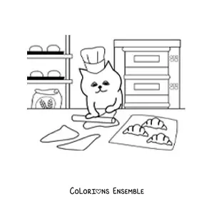 Image à colorier d’un chat boulanger en train de cuisiner des croissants