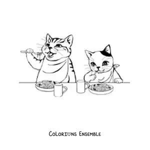 Image à colorier de deux chats mangeant des pâtes avec des couverts