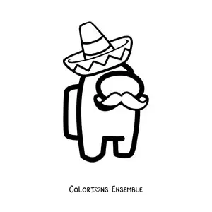 Image à colorier d’un membre d’équipage d’Among Us avec un sombrero mexicain