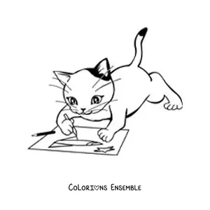 Image à colorier d’un chat artiste en train de dessiner sur une feuille