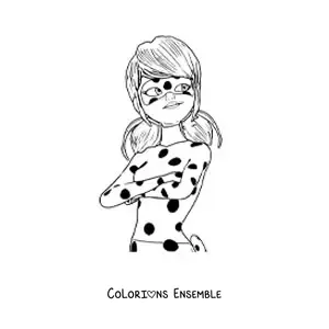 Image à colorier de Marinette en costume de Ladybug, les bras croisés