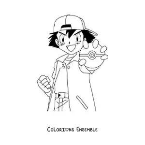 Image à colorier de Sacha de Pokémon avec une Poké Ball