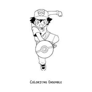 Image à colorier de Sacha de Pokémon lançant une Poké Ball