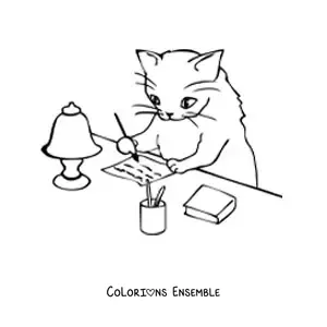 Image à colorier d’un chat écrivant une lettre