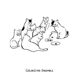 Image à colorier d’une réunion de chats qui préparent un plan