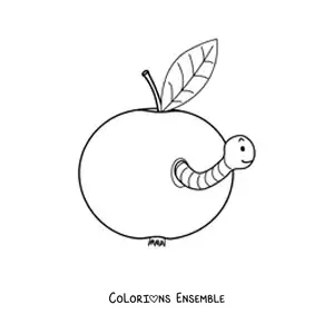 Image à colorier d’une pomme avec un ver en dessin animé