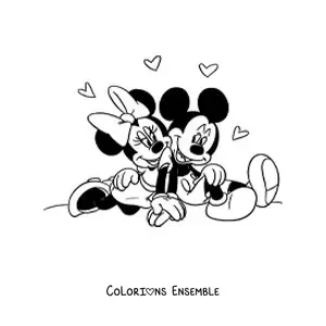 Image à colorier de Mickey et Minnie assis ensemble, entourés de cœurs