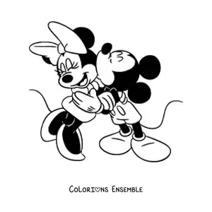 Image à colorier de Mickey faisant un bisou sur la joue de Minnie