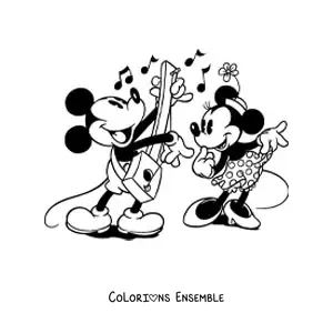 Image à colorier de Mickey jouant de la guitare et de Minnie qui danse