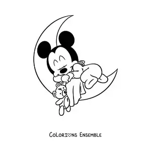 Image à colorier de Bébé Mickey endormi sur une lune en serrant un ours en peluche