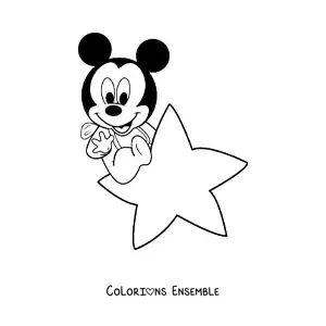 Image à colorier de Bébé Mickey assis sur une étoile