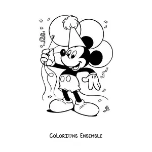 Image à colorier de Mickey tout content tenant plusieurs ballons d’anniversaire