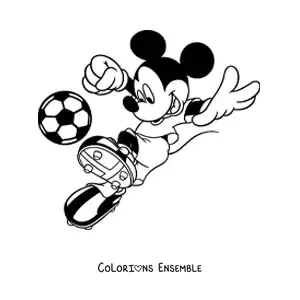 Image à colorier de Mickey tapant dans un ballon de football