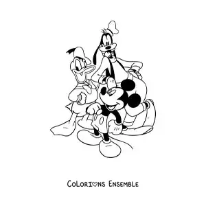 Image à colorier de Mickey aux côtés de Donald et Dingo