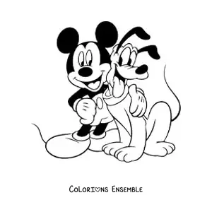 Image à colorier de Mickey serrant Pluto dans ses bras