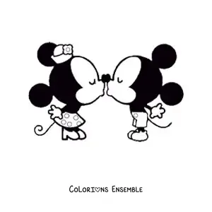 Image à colorier de Mickey kawaii faisant un bisou à Minnie