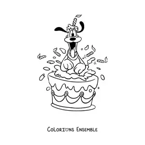 Image à colorier de Pluto sortant de l’intérieur d’un gâteau d’anniversaire